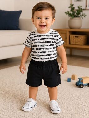 Toddler Black & White Fish Print Matching Set